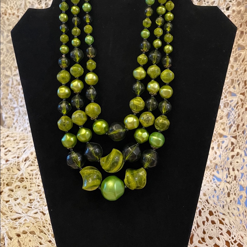 Three strand tiered vintage green beaded necklace